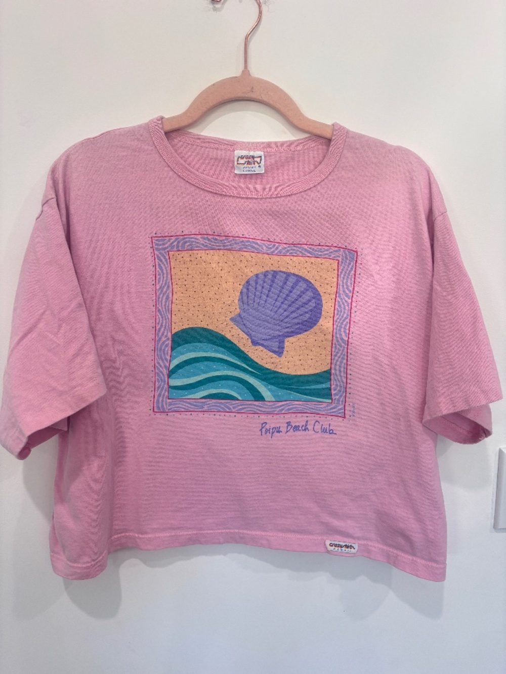 Vintage Crazy Shirts Hawaii Poipu Beach Club Seashell Crop Tee Pink Large